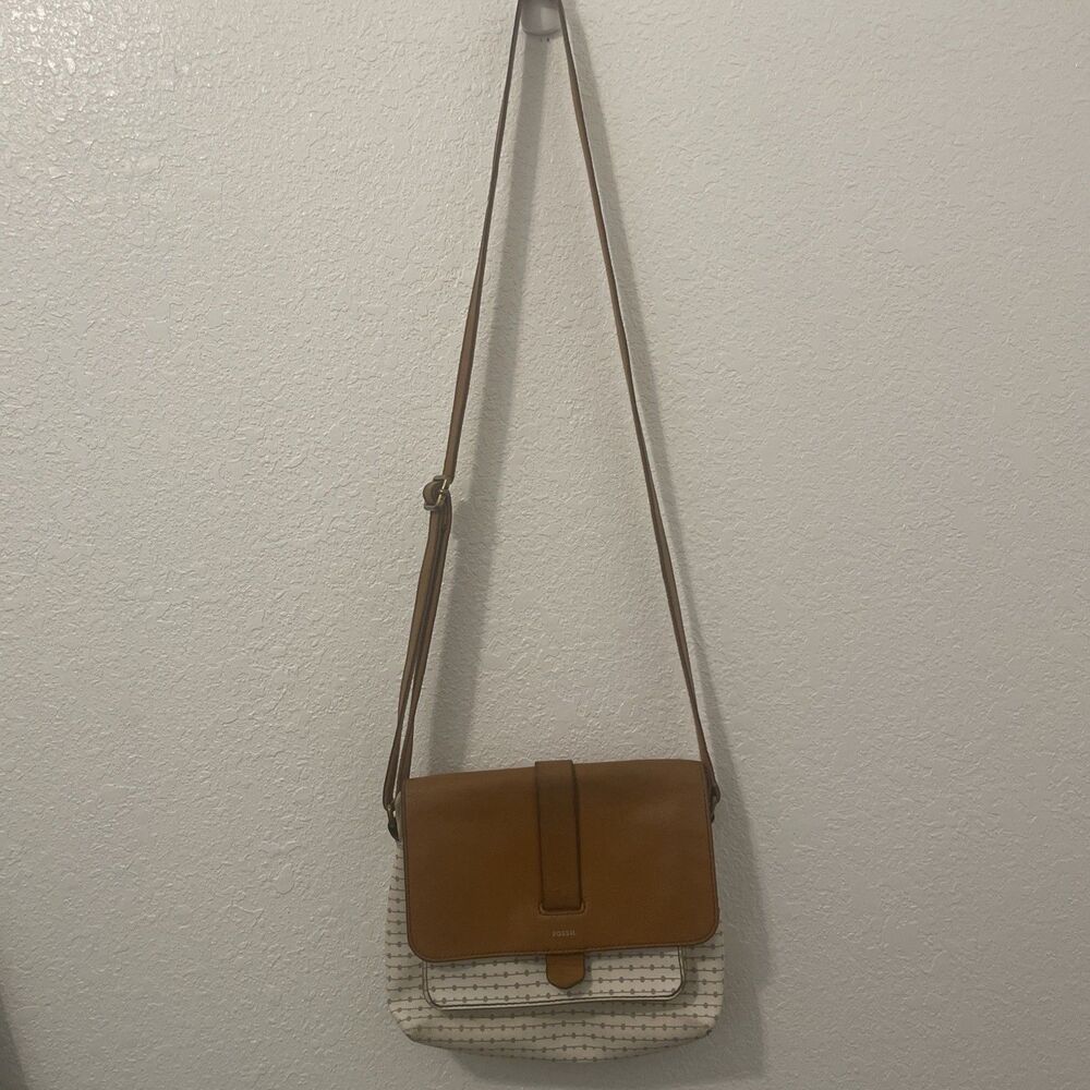Fossil Leather Kinsey Handbag Adj Strap Crossbody Shoulder Bag Brown White